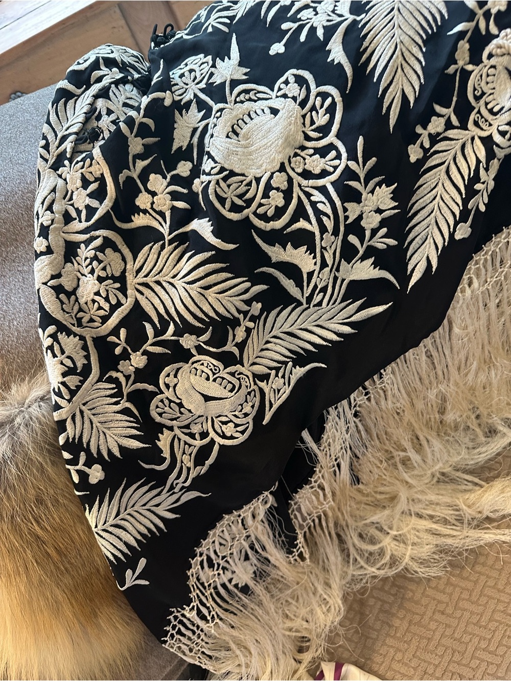 Dries Van Noten Black Scarf with Cream Floral Embroidery